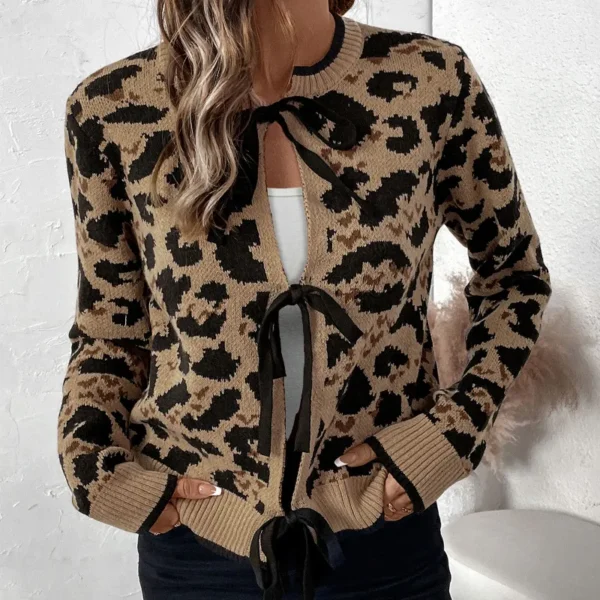 Leopard cardigan jakke med bånd casual leopard cardigan beige black