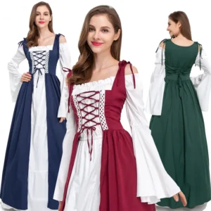 Middelalder stil lang kjole med snøreliv temafest kostyme