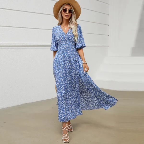 Blue Long Floral Short Sleeve Summer Dress