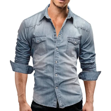 Light blue long sleeved denim shirt for men
