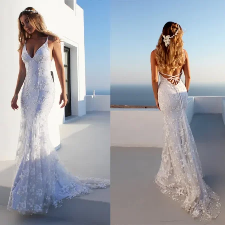 Mermaid Style Long WHite Floral Lace Wedding Dress