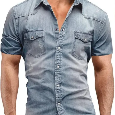 Short sleeve light blue denim shirt for men