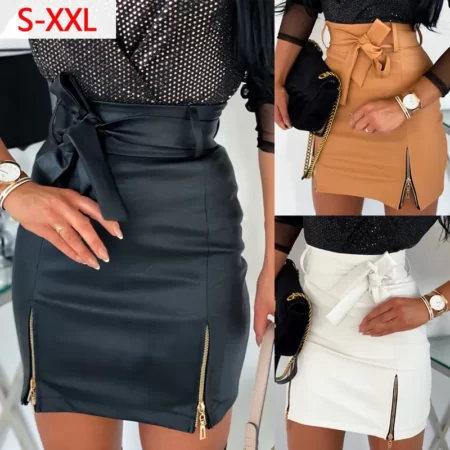 Slim high waist bowknot PU leather skirt with zippers