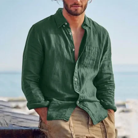 Green loose linen shirt for men