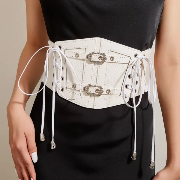 Leather Corset Belt White Under Bust Buckle Lace-Up Belt
