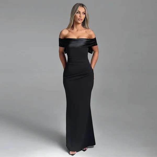 Off shoulder lang sexy kjole sort banquet maxi dress bow back black