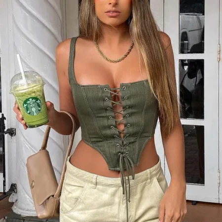 Army Green Corset Vest Lace-up Front