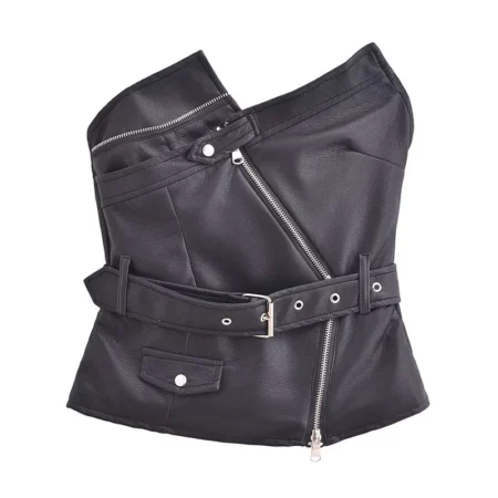 Asymmetrical Faux Leather Vest Black