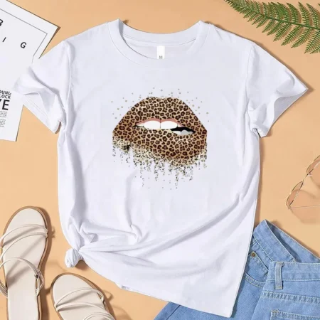 Fashion T-shirt Short Sleeves Sensual Mouth Printing White