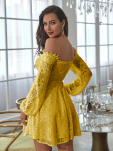 Lace dress long sleeve boat neck sexy dress yellow b