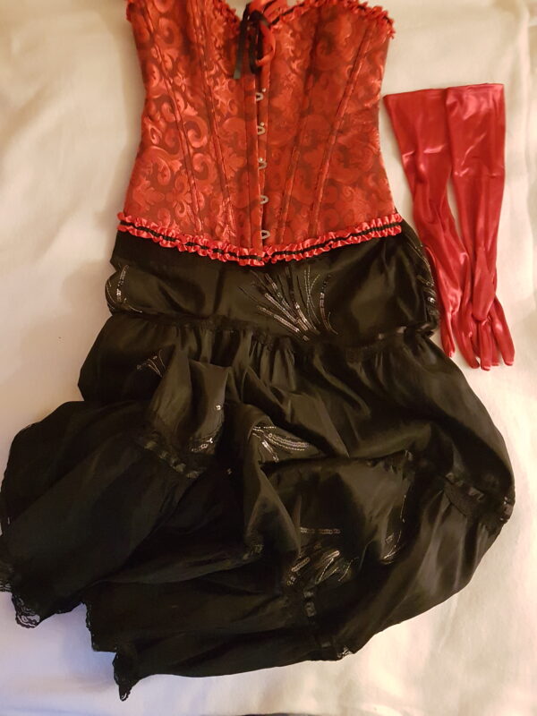 3 Parts Victorian Costume Red Corset Black Long Skirt Red Gloves
