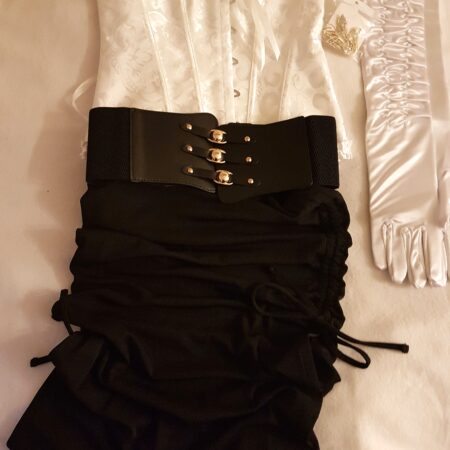 5 piece Victorian Costume White corset Black Skirt Gloves Belt Earrings