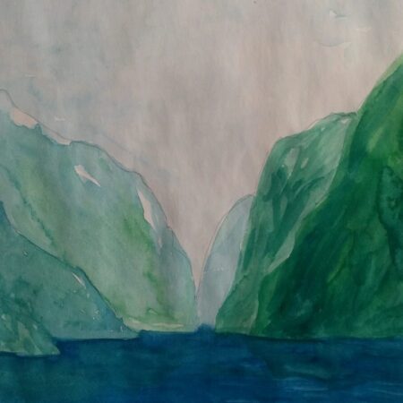 Akvarell Fjell og fjord