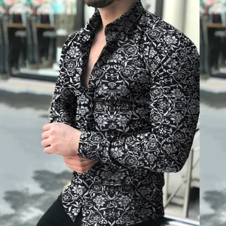 Black floral long sleeve shirt for men