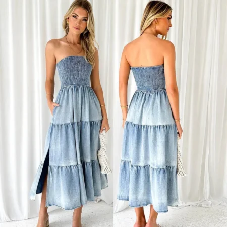 Casual Long Bandeau Blue Dress