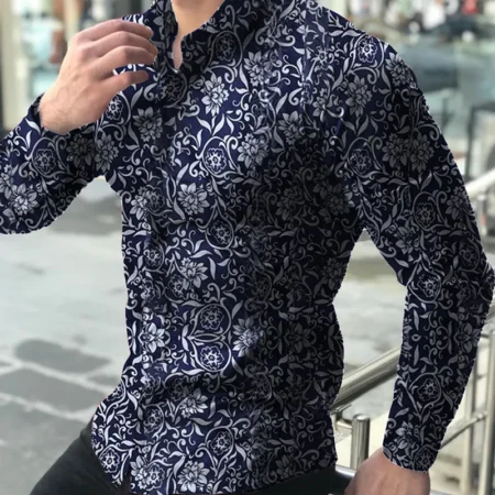 Dark blue long sleeve floral shirt for men