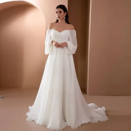 Elegant boatneck long sleeve long white bride's dress