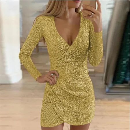 Golden yellow sexy V-neck sequin dress