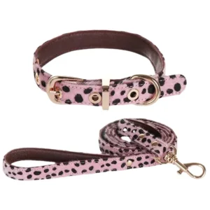 Leopard Pet collar leash set pink black