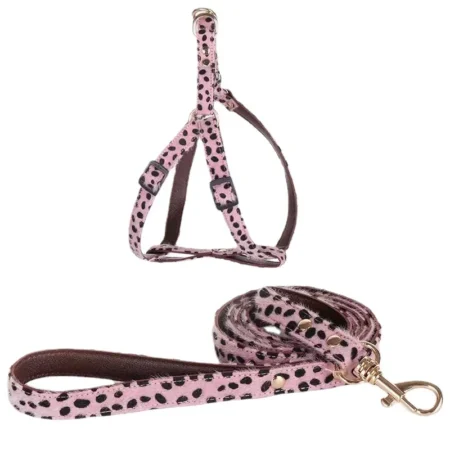 Leopard Pet collar leash set pink black b