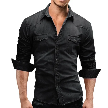 Long sleeve black denim shirt for men
