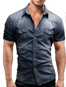 Men's dark blue short sleeve denim shirt