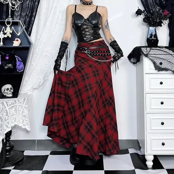 Punk Style Halloween Costume Long Plaid Skirt Top Set