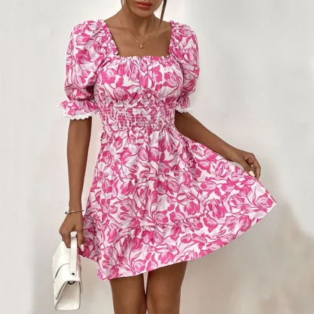Square neck printing ditsy floral short sleeve dress pink