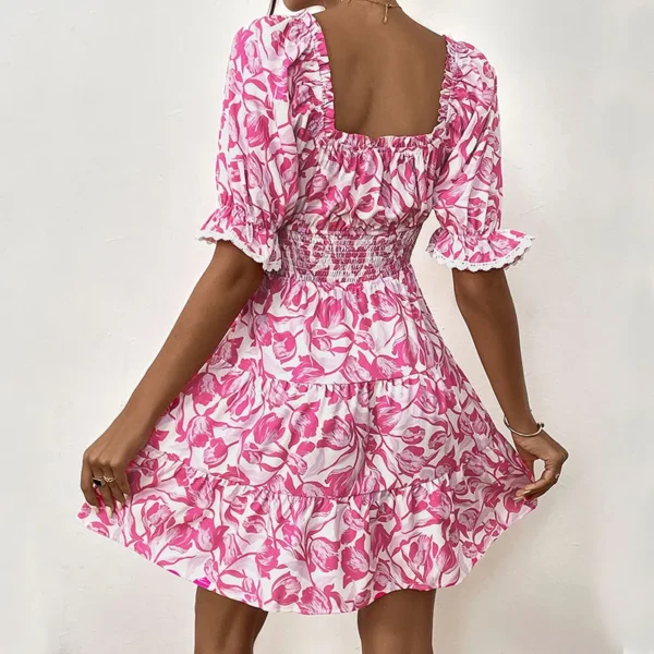 Square neck printing ditsy floral short sleeve dress pink b