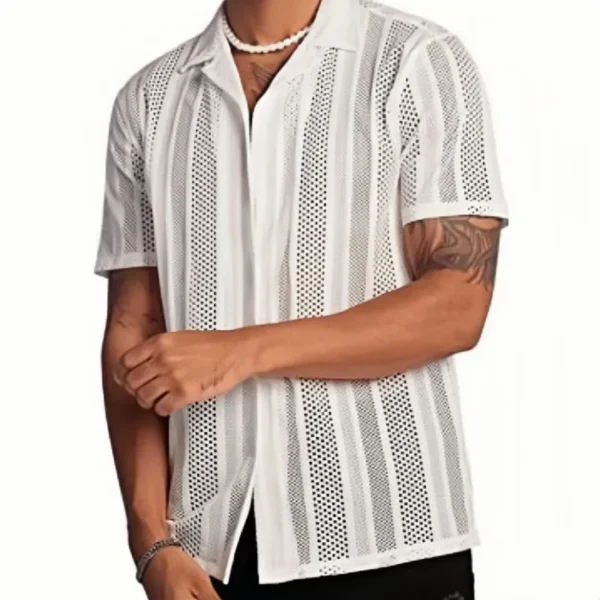 Striped jacquard white short sleeve blouse for men