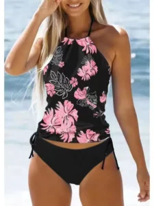 Tropical 2 pieces set swimsuit black pink