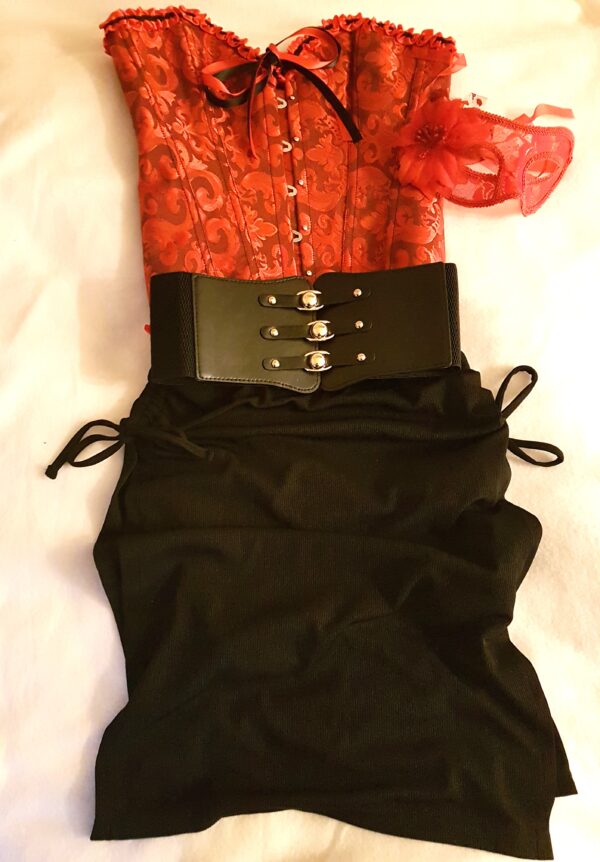 Vintage Victorian Costume Wine Red Corset Long Black Skirt Belt And Mask