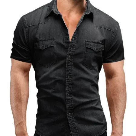 Black short sleeve denim shirt for men