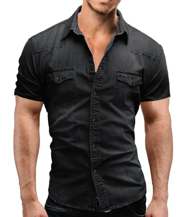 Black short sleeve denim shirt for men