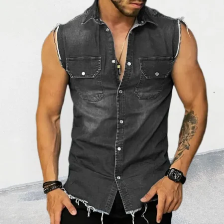 Black sleeveless denim shirt for men