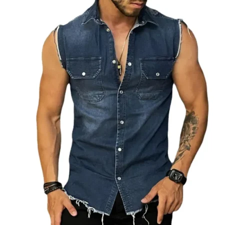 Blue sleeveless denim shirt for men
