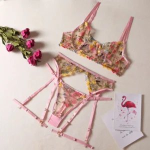 Floral lace pink 3-piece sexy lingerie underwear set