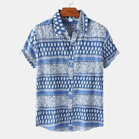 Printed blue short sleeve blouse for men