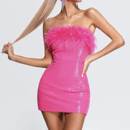 Sexy shiny pink feather tube dress