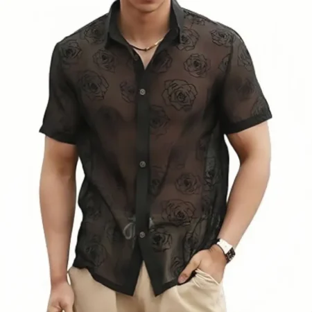 Black floral thin short sleeve blouse for men