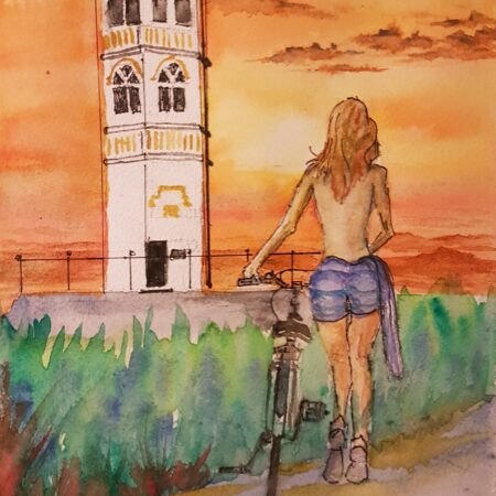 Dekorativt akvarell maleri Dame med sykkel i solnedgang