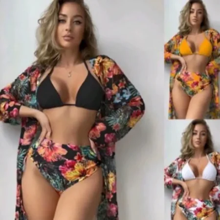 Floral robe and bikini 3-piece set for women