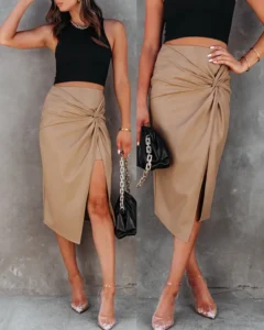 Pu Leather Skirt Beige Black