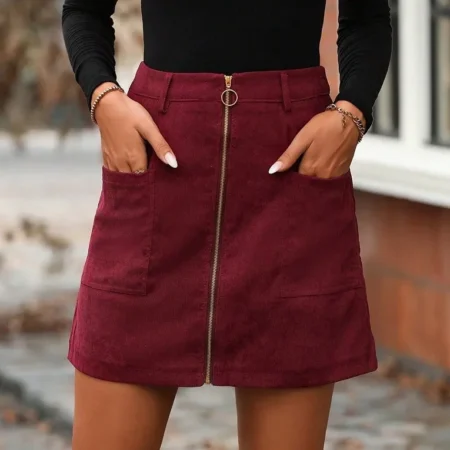 Short zipper front skirt wine red