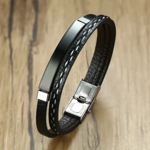 Mens Fashion Stainless-Steel-Pu-Leather-Buckle-Bracelet