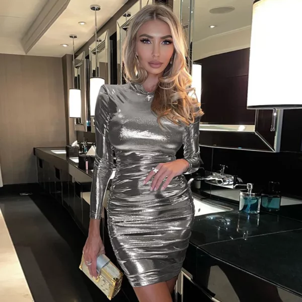 Sexy shiny silver long sleeve dress