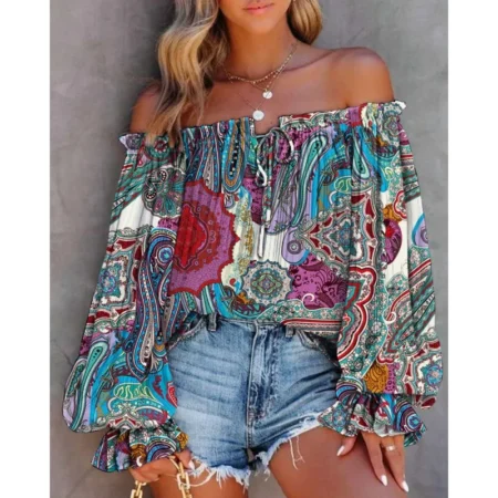 Vintage abstract printing off shoulder long sleeve blouse