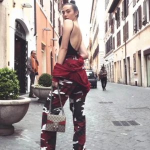 Camouflage print pants for women wine red