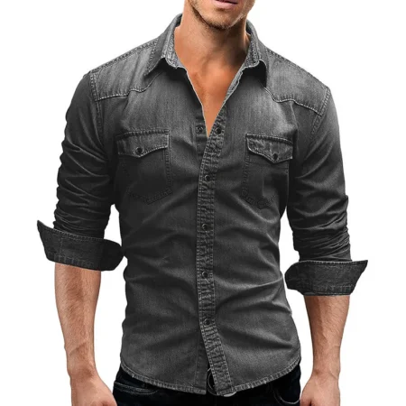 Dark gray long sleeve denim shirt for men
