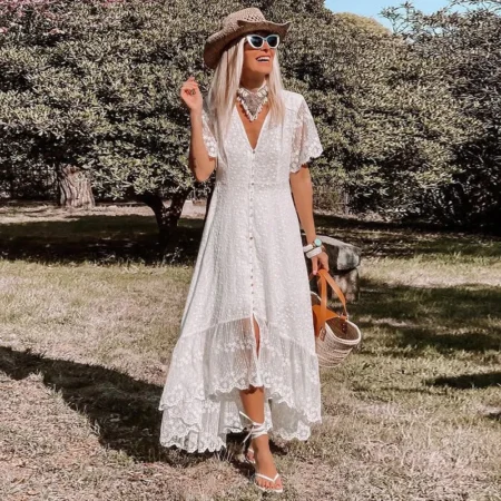 Ditsy Floral White Long Lace Dress